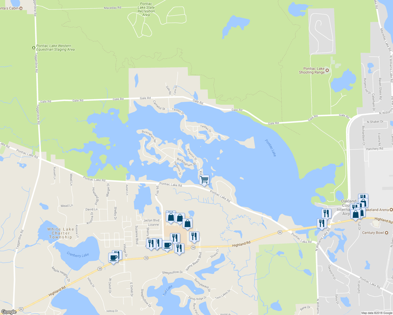map of restaurants, bars, coffee shops, grocery stores, and more near 2228 Kingston Street in White Lake charter Township
