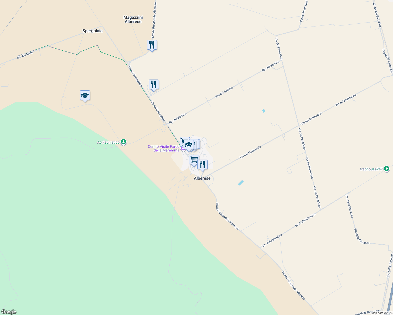 map of restaurants, bars, coffee shops, grocery stores, and more near 3 Via del Geniere in Alberese