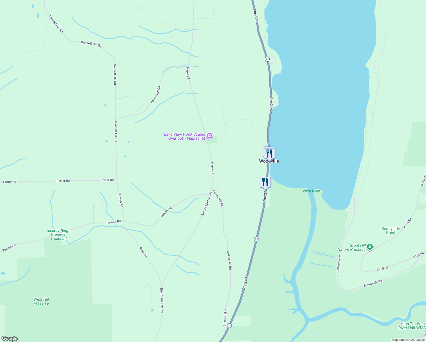 map of restaurants, bars, coffee shops, grocery stores, and more near County Road 12 in Ontario County