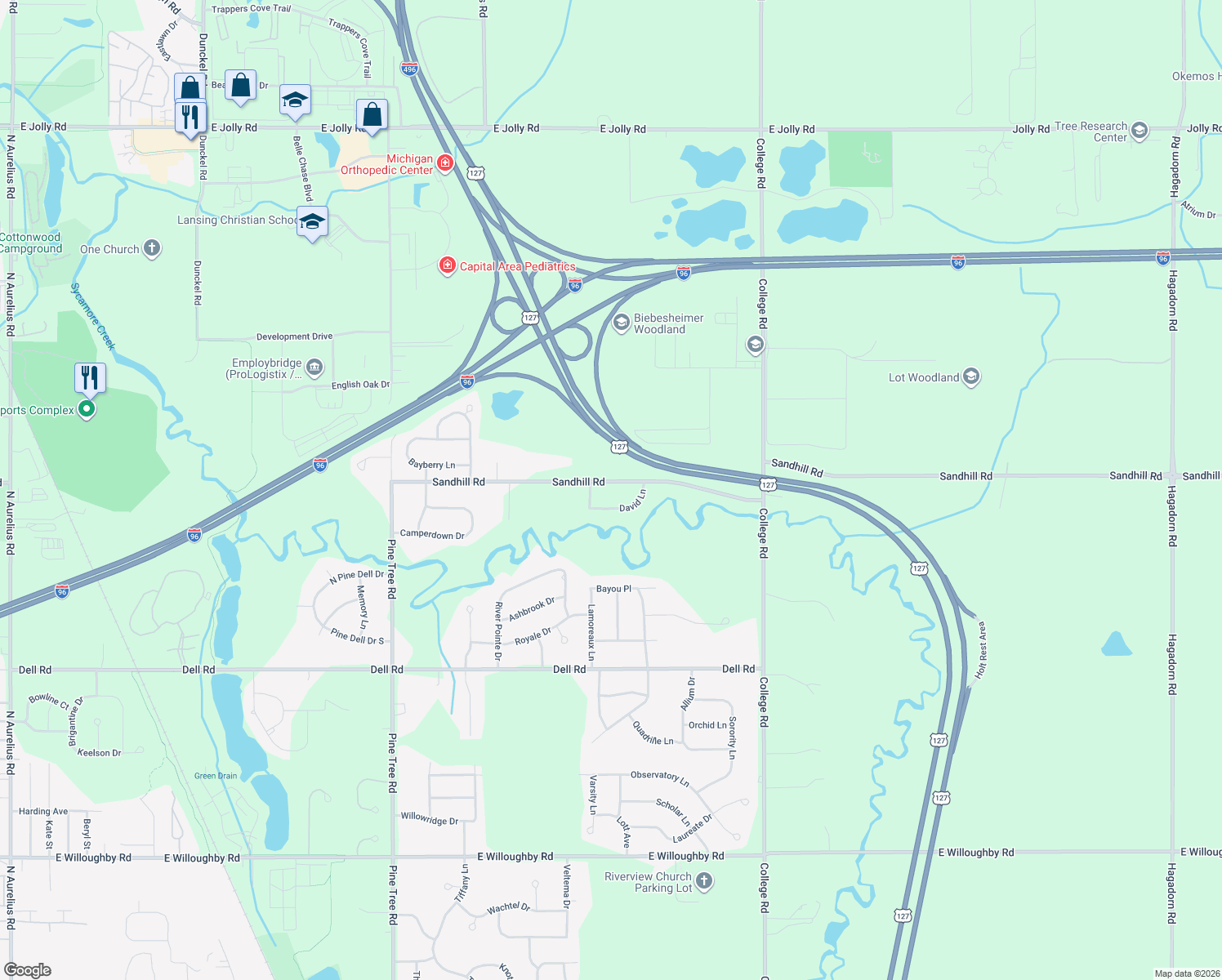 map of restaurants, bars, coffee shops, grocery stores, and more near 3701 Sandhill Road in Lansing