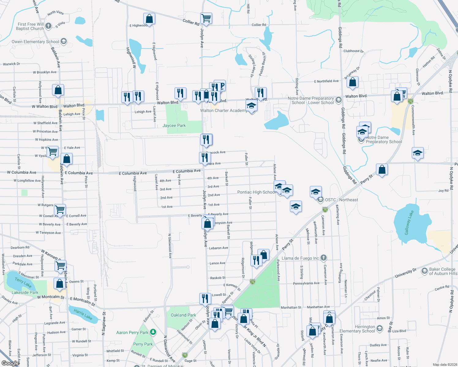 map of restaurants, bars, coffee shops, grocery stores, and more near 631 3rd Ave in Pontiac