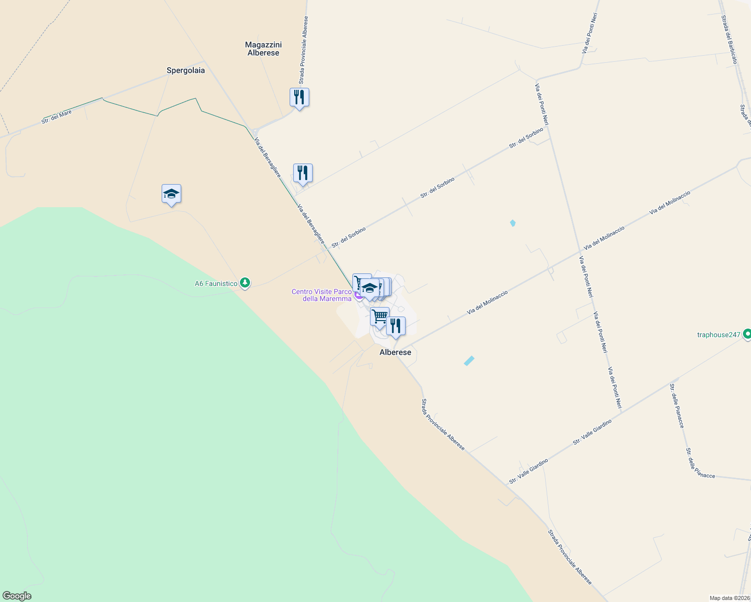 map of restaurants, bars, coffee shops, grocery stores, and more near 3 Via del Geniere in Alberese