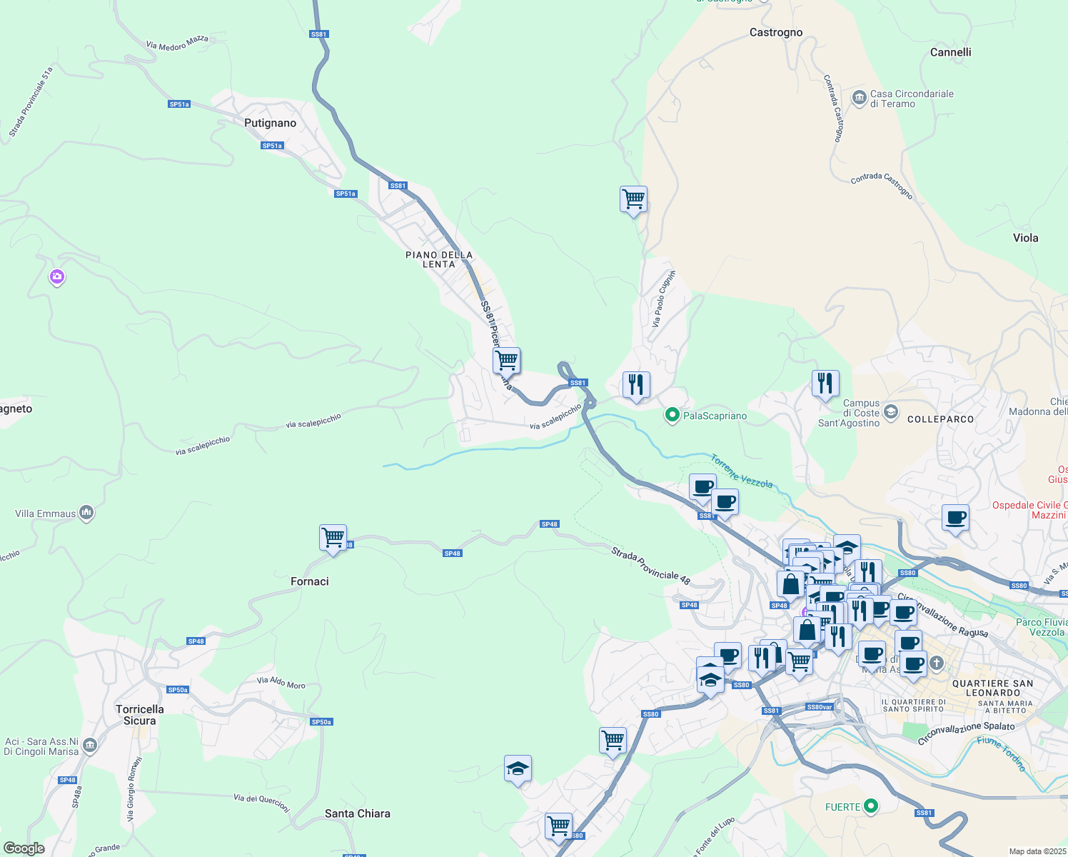 map of restaurants, bars, coffee shops, grocery stores, and more near 39 Via Scalepicchio in Teramo