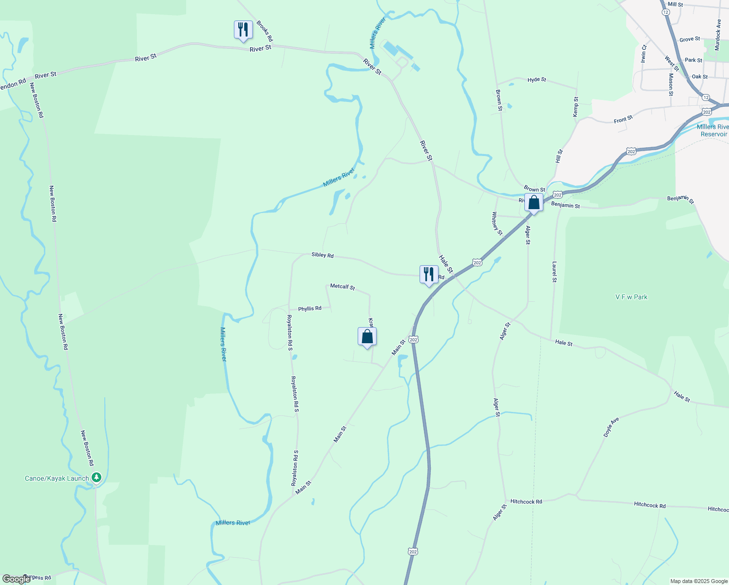map of restaurants, bars, coffee shops, grocery stores, and more near 226 Metcalf Street in Winchendon