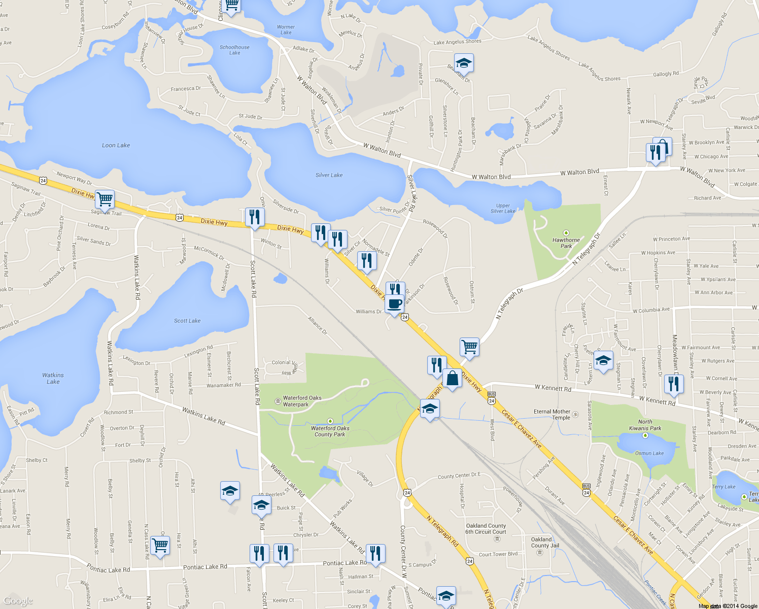 map of restaurants, bars, coffee shops, grocery stores, and more near 2463 Dixie Hwy in Waterford Township