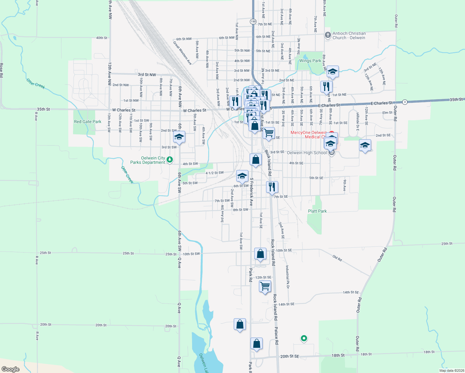 map of restaurants, bars, coffee shops, grocery stores, and more near 198 6th Street Southwest in Oelwein