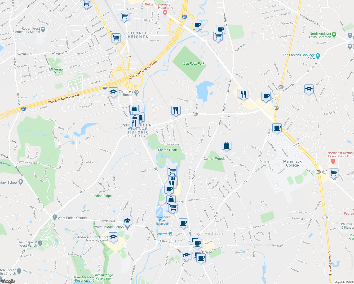 map of restaurants, bars, coffee shops, grocery stores, and more near 1 Arundel Street in Andover
