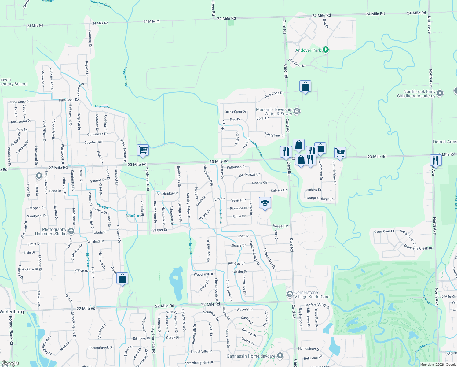 map of restaurants, bars, coffee shops, grocery stores, and more near 50656 Murray Drive in Macomb