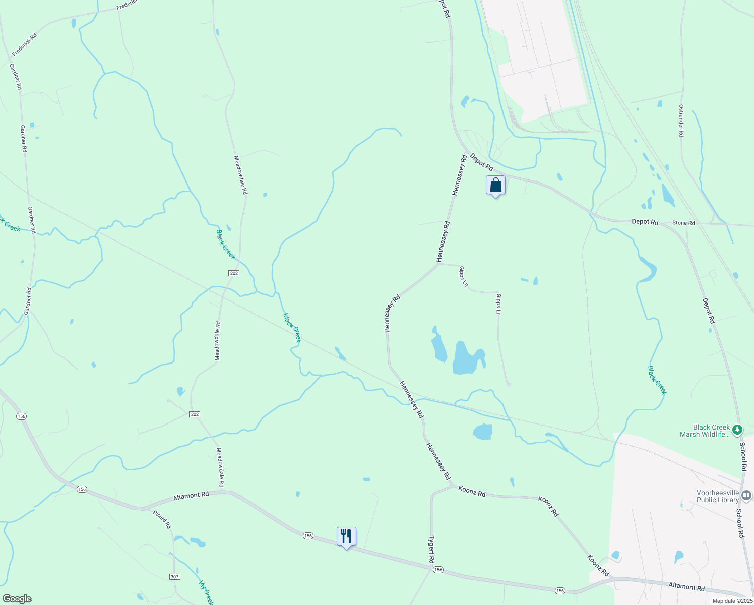 map of restaurants, bars, coffee shops, grocery stores, and more near 5589 Hennessey Road in Voorheesville
