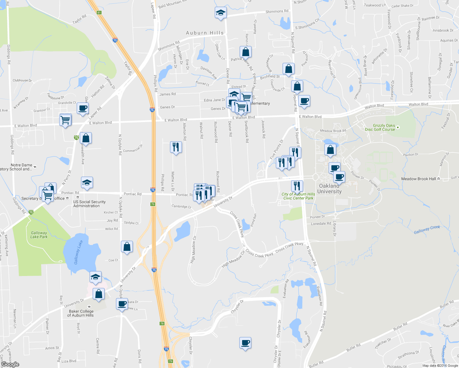 map of restaurants, bars, coffee shops, grocery stores, and more near 2025 Dexter Road in Auburn Hills