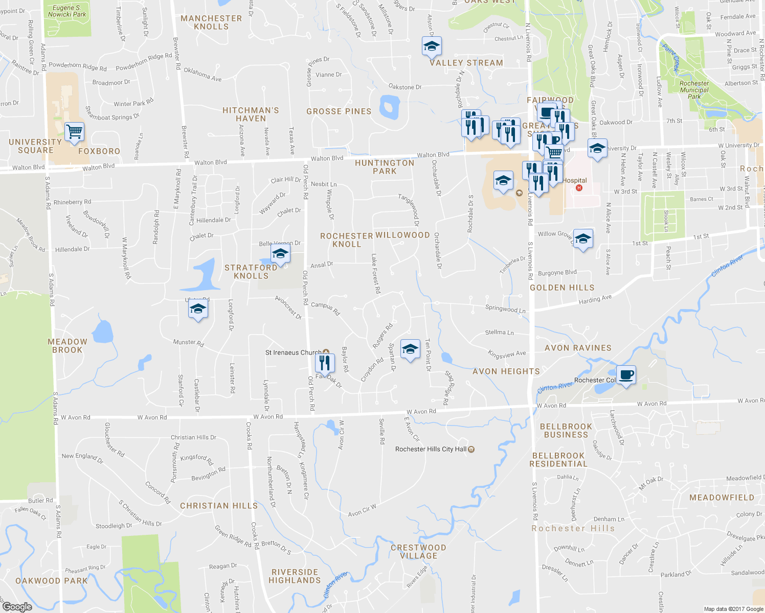 map of restaurants, bars, coffee shops, grocery stores, and more near 585 Bucknell Court in Rochester Hills