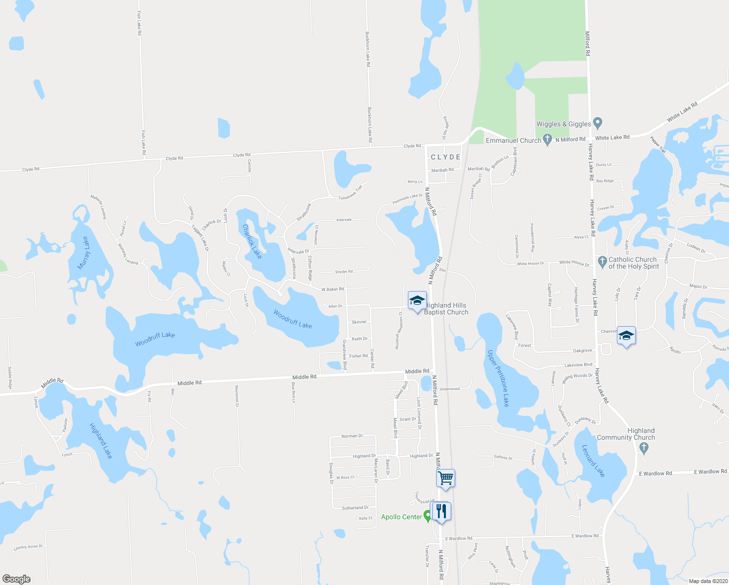 map of restaurants, bars, coffee shops, grocery stores, and more near 525 East Baker Road in Highland Charter Township