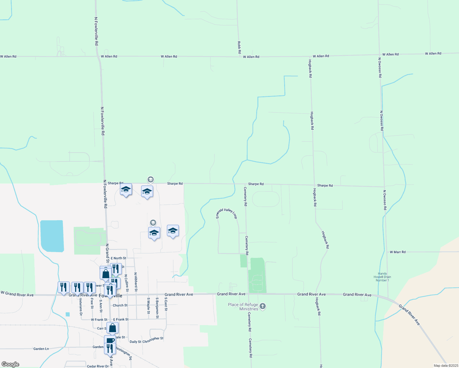 map of restaurants, bars, coffee shops, grocery stores, and more near 7115 Sharpe Road in Fowlerville