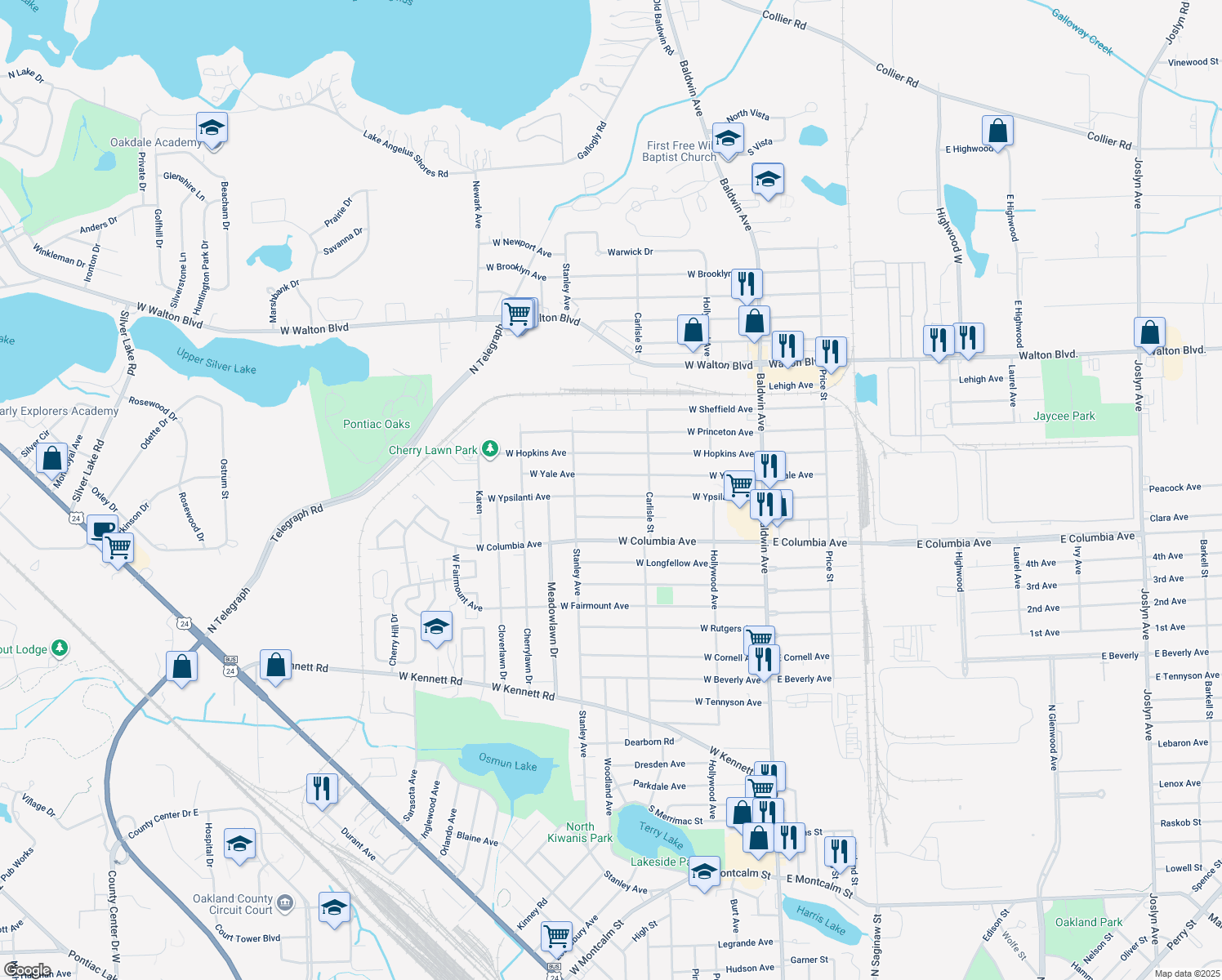 map of restaurants, bars, coffee shops, grocery stores, and more near 224 West Ypsilanti Avenue in Pontiac