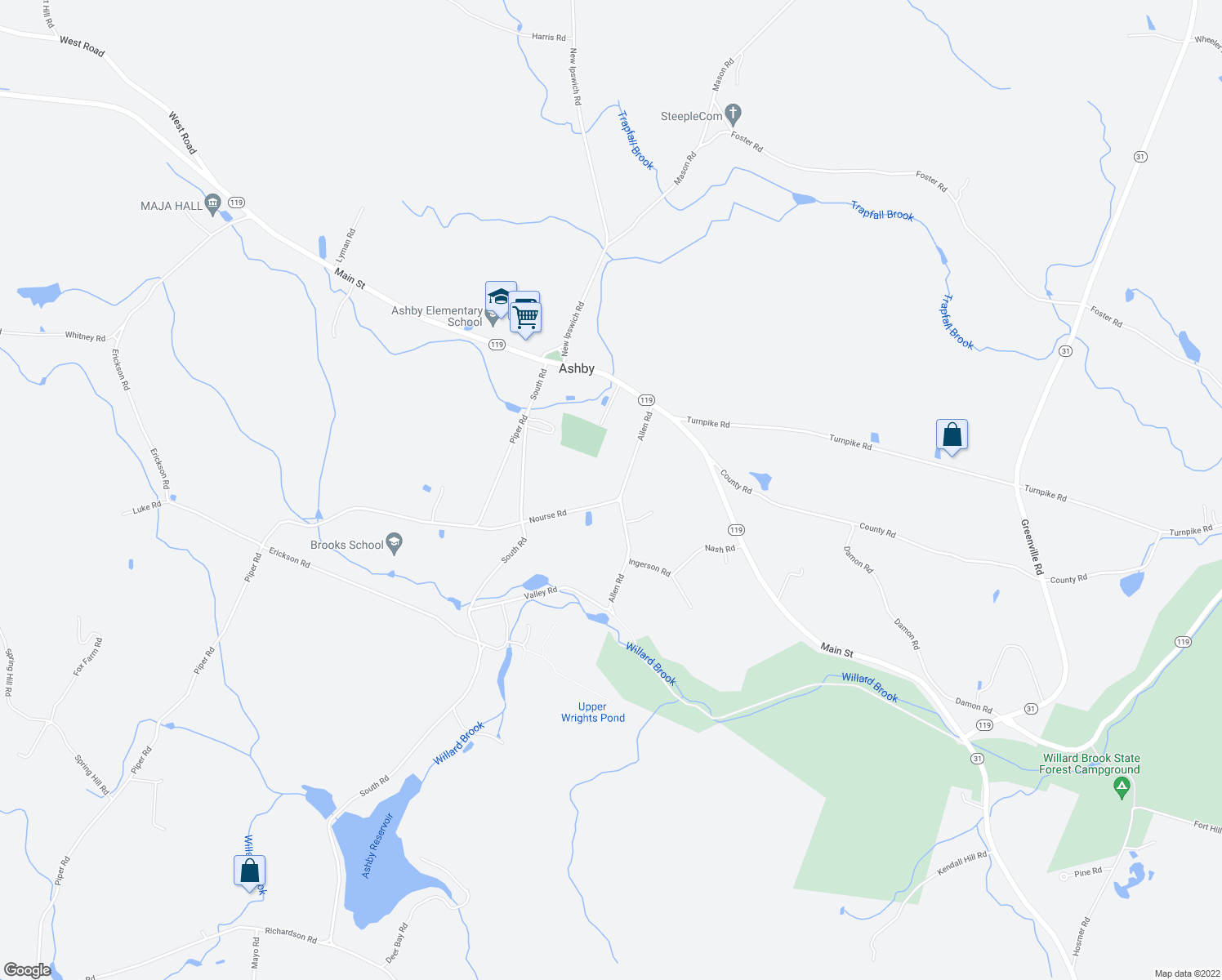 map of restaurants, bars, coffee shops, grocery stores, and more near 202 Nourse Road in Ashby
