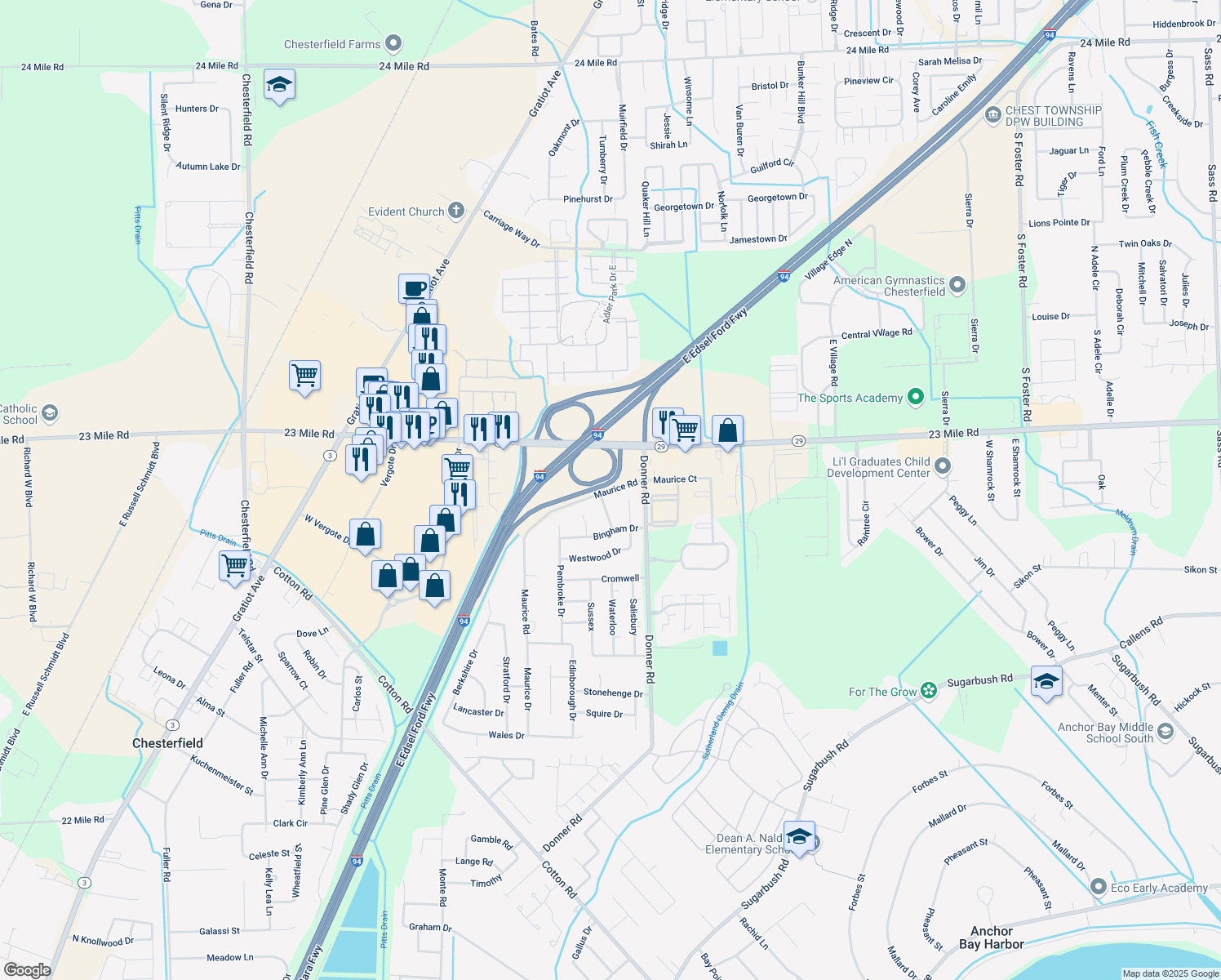 map of restaurants, bars, coffee shops, grocery stores, and more near 50545 Maurice Road in New Baltimore
