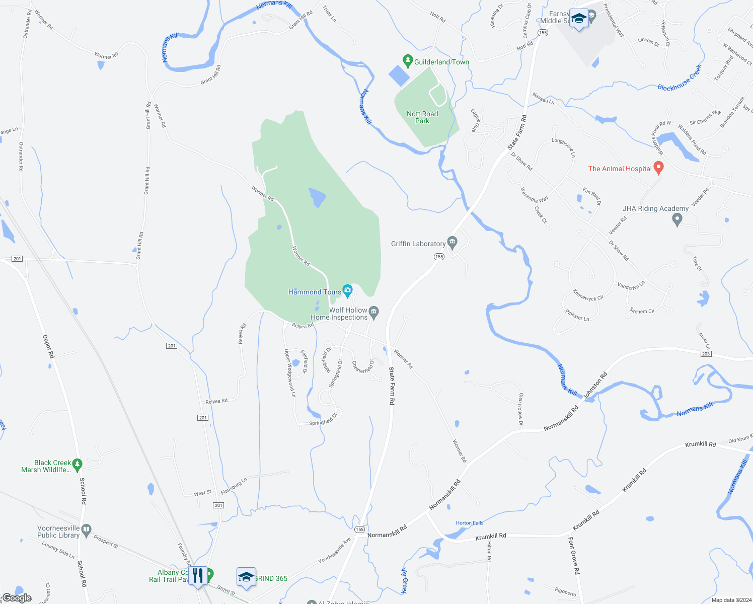 map of restaurants, bars, coffee shops, grocery stores, and more near 26 Greystone Dr in Voorheesville