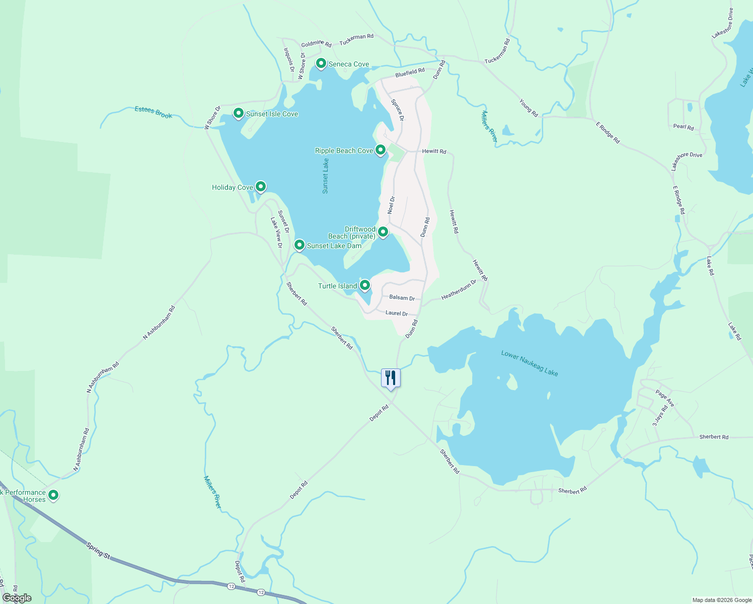 map of restaurants, bars, coffee shops, grocery stores, and more near 34 Winding Cove Road in Ashburnham