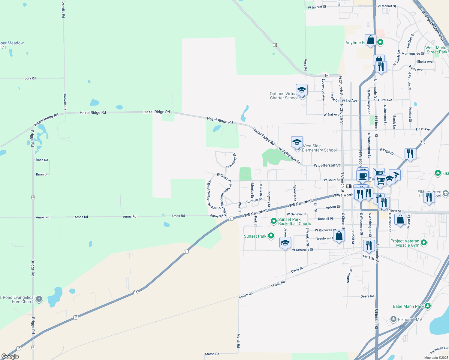 map of restaurants, bars, coffee shops, grocery stores, and more near 1135 West Court Street in Elkhorn