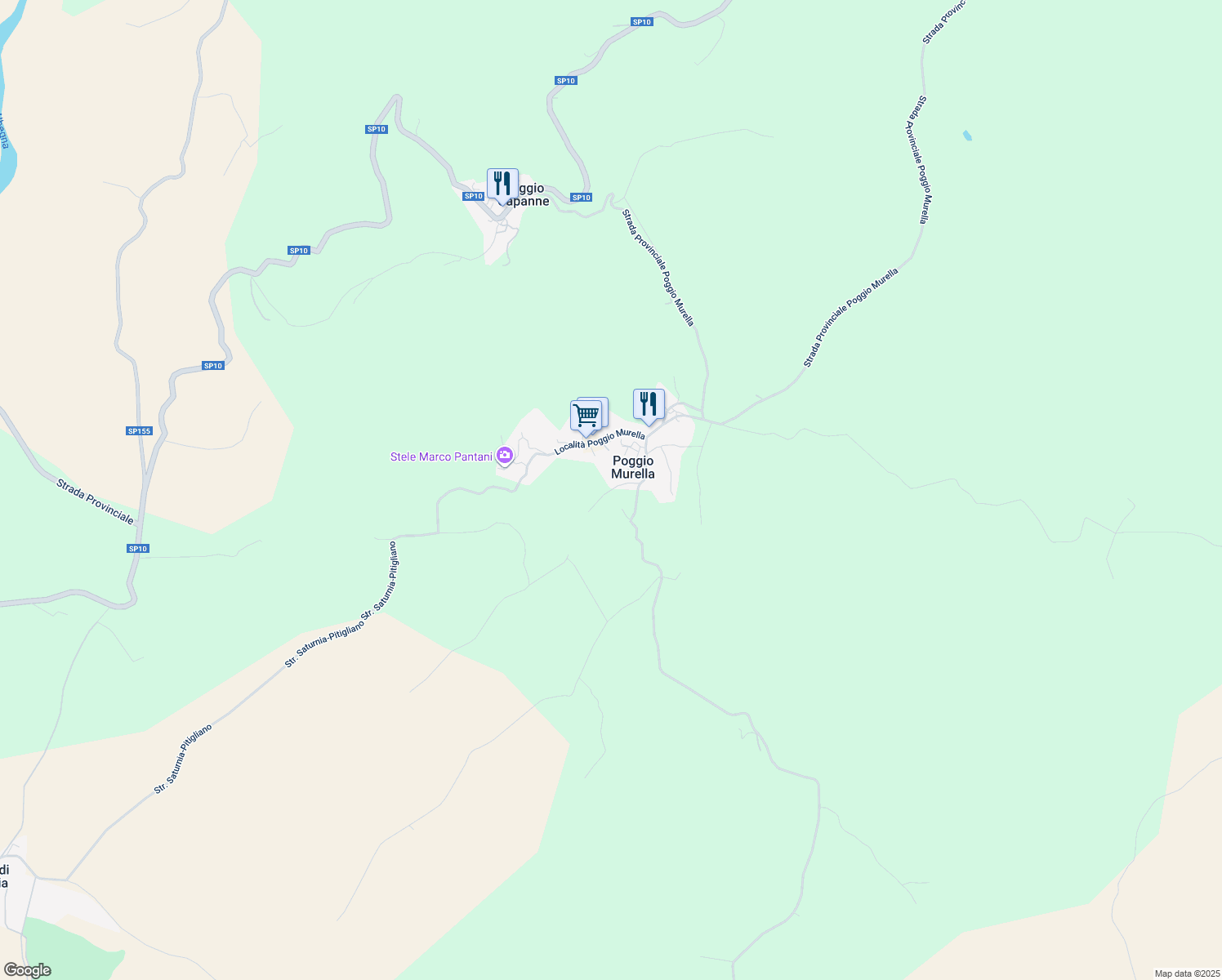 map of restaurants, bars, coffee shops, grocery stores, and more near 84 Strada dei Sassi Bianchi in Manciano