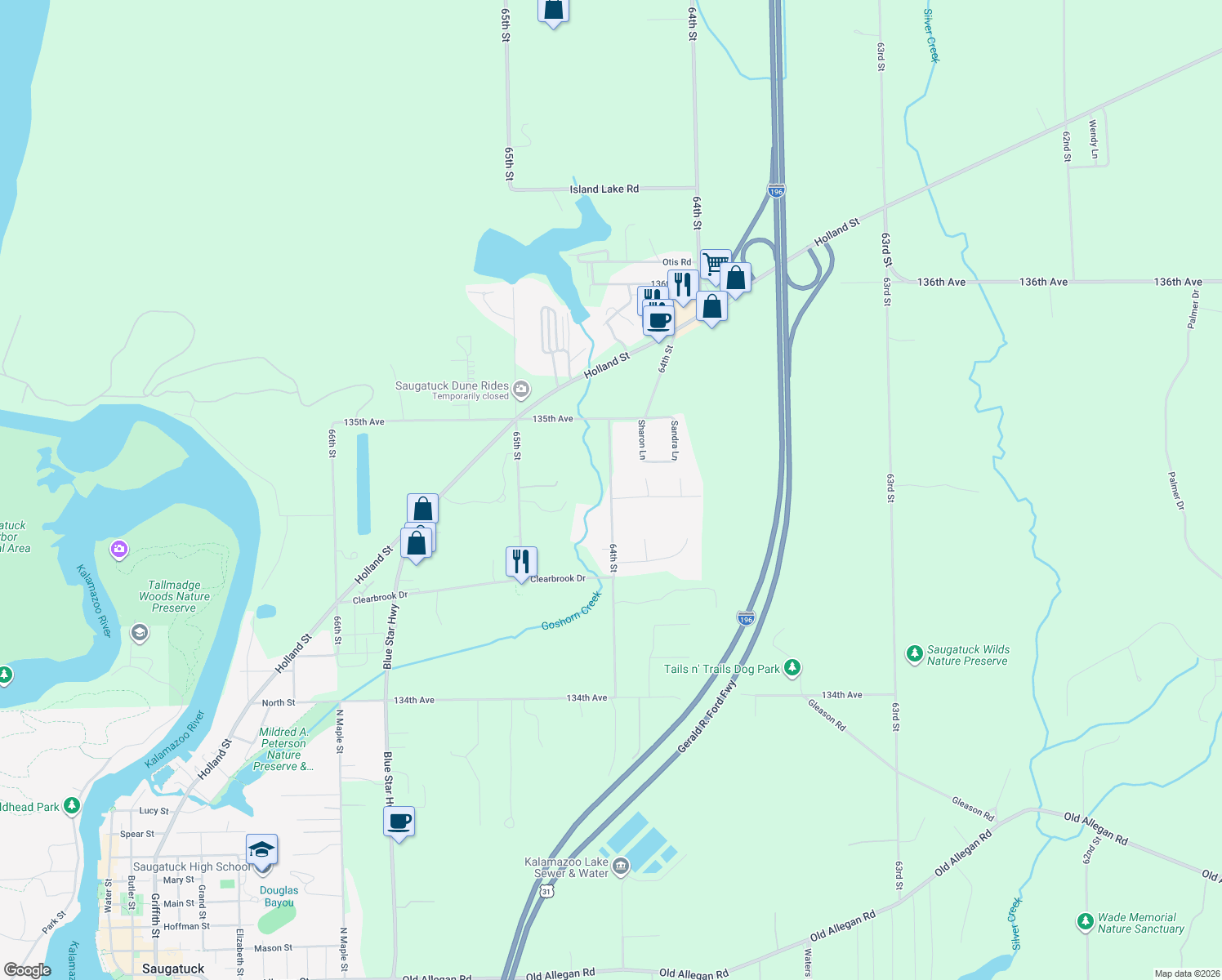 map of restaurants, bars, coffee shops, grocery stores, and more near 3491 64th Street in Saugatuck