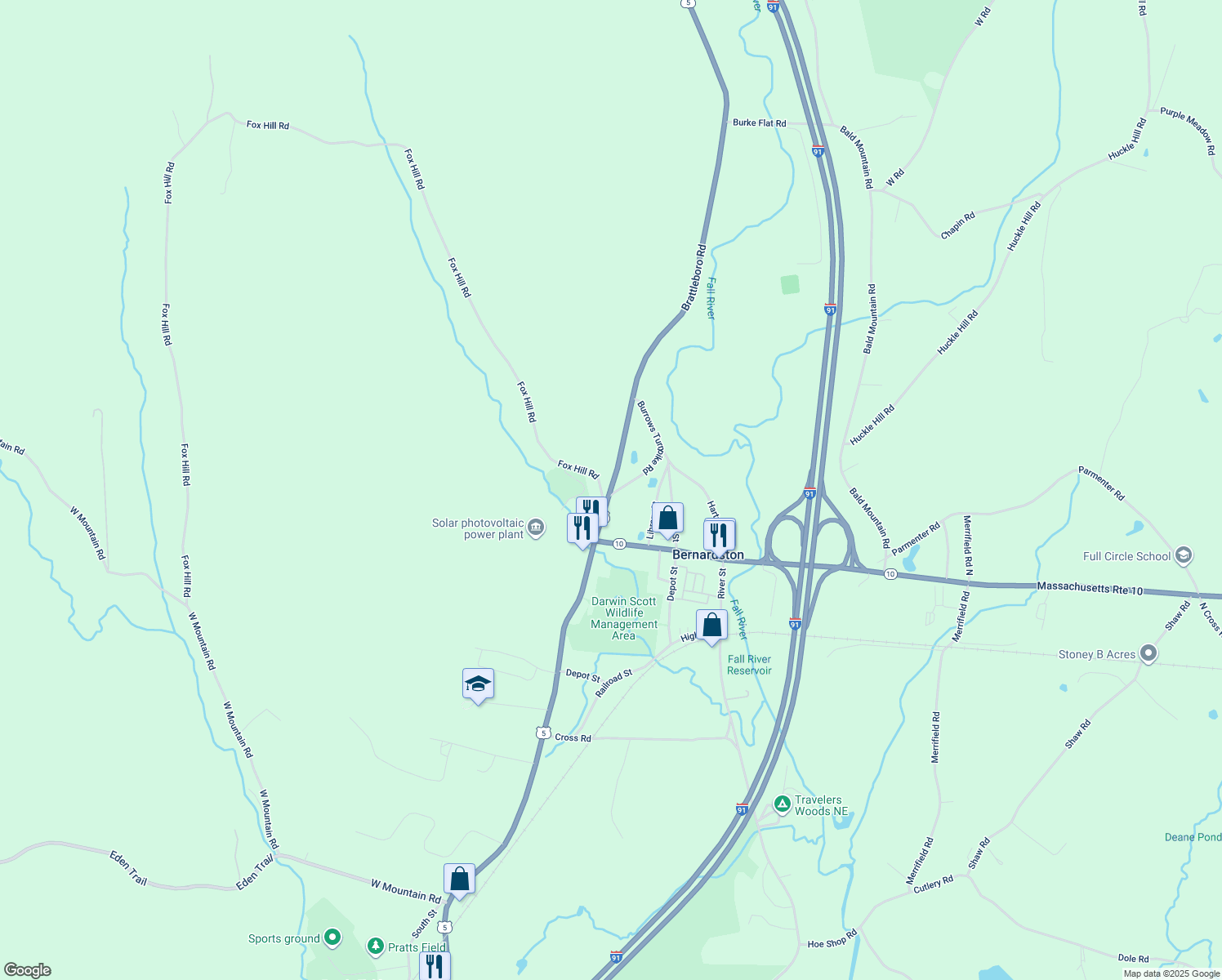 map of restaurants, bars, coffee shops, grocery stores, and more near 28 Brattleboro Road in Bernardston