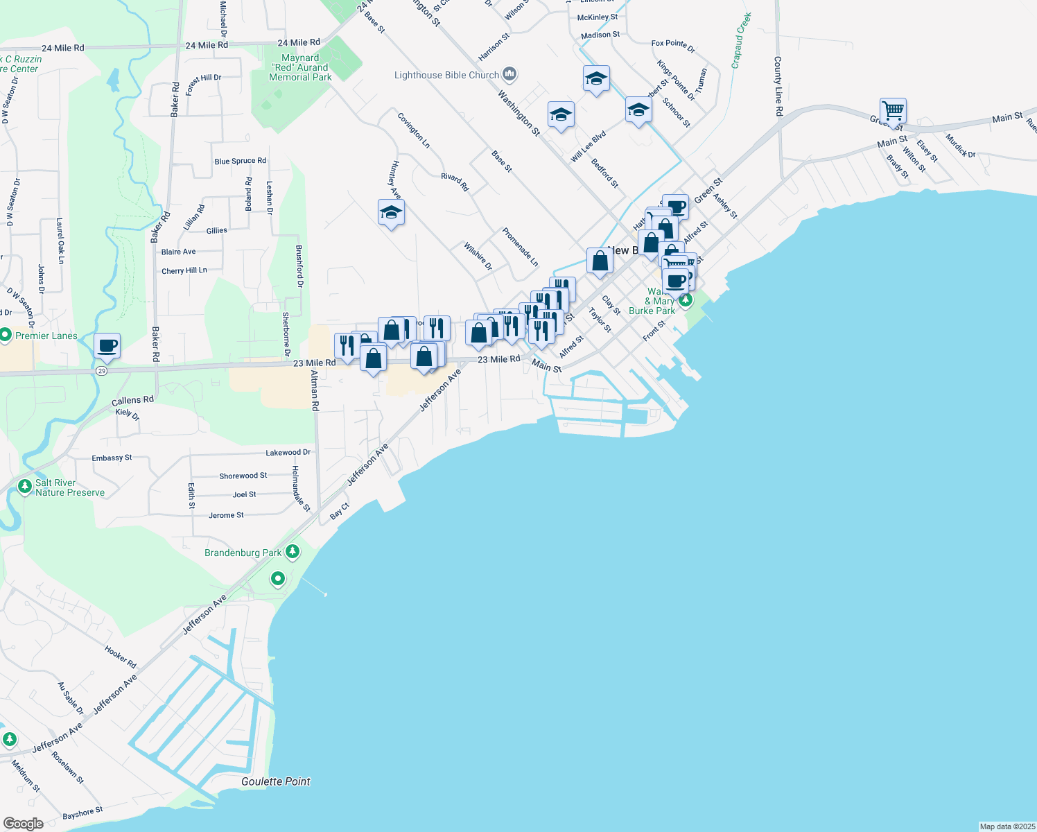 map of restaurants, bars, coffee shops, grocery stores, and more near 35550 Hamer Street in New Baltimore