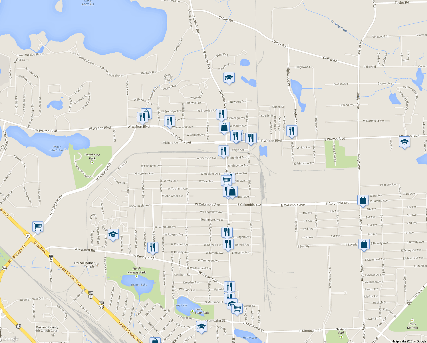 map of restaurants, bars, coffee shops, grocery stores, and more near 58 W Hopkins Ave in Pontiac