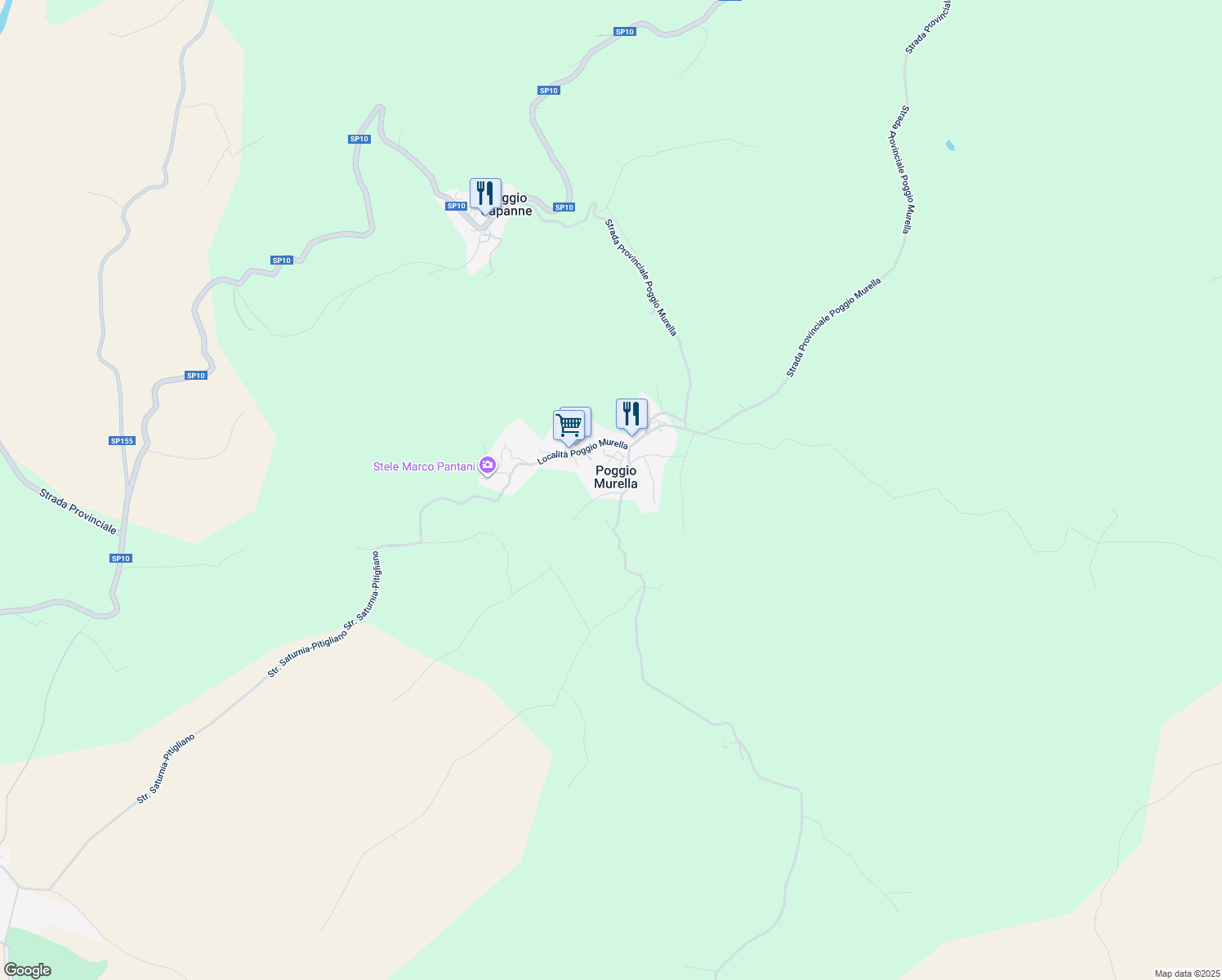 map of restaurants, bars, coffee shops, grocery stores, and more near 190 Strada dei Sassi Bianchi in Poggio Murella