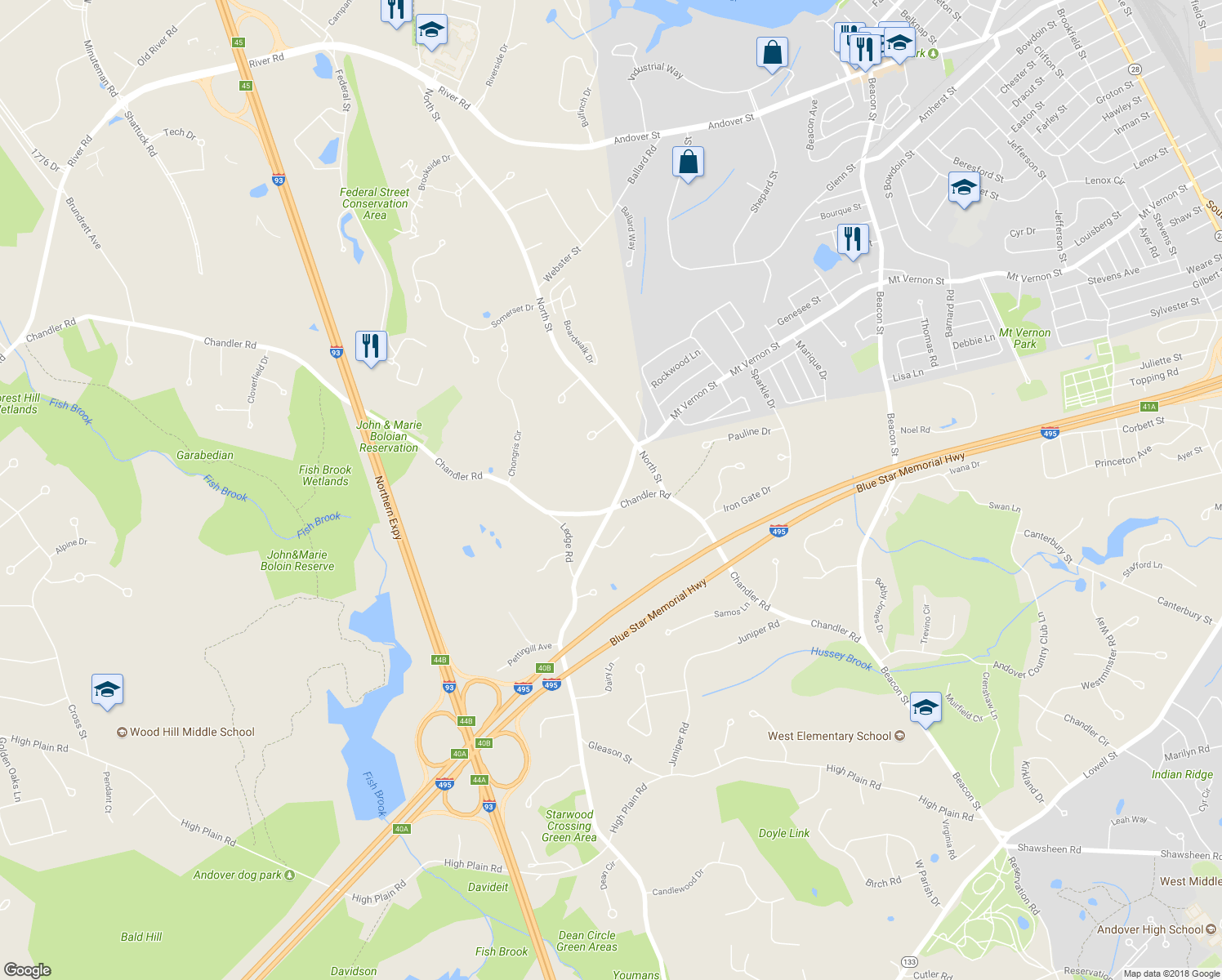 map of restaurants, bars, coffee shops, grocery stores, and more near 3 Weeping Willow Drive in Andover