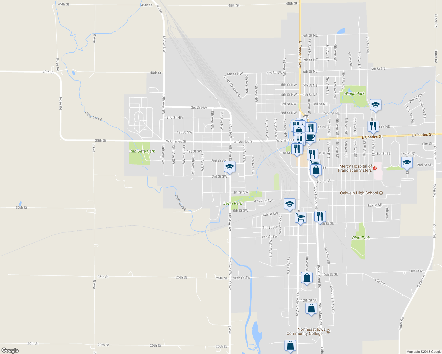 map of restaurants, bars, coffee shops, grocery stores, and more near 301 7th Avenue Southwest in Oelwein