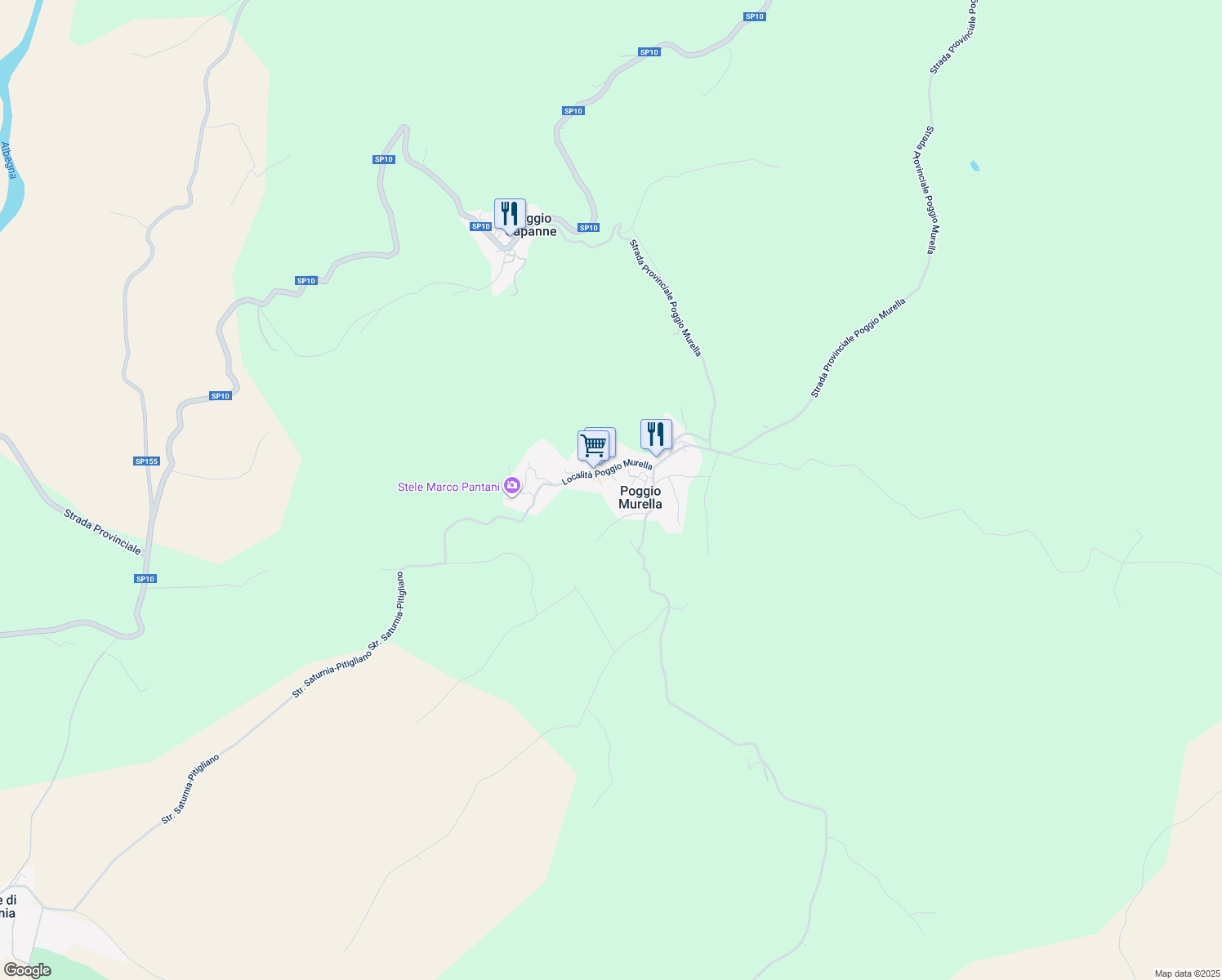 map of restaurants, bars, coffee shops, grocery stores, and more near 129 Località Poggio Murella in Poggio Murella