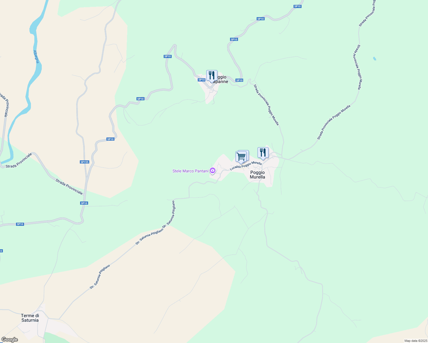 map of restaurants, bars, coffee shops, grocery stores, and more near 179A Località Poggio Murella in Poggio Murella