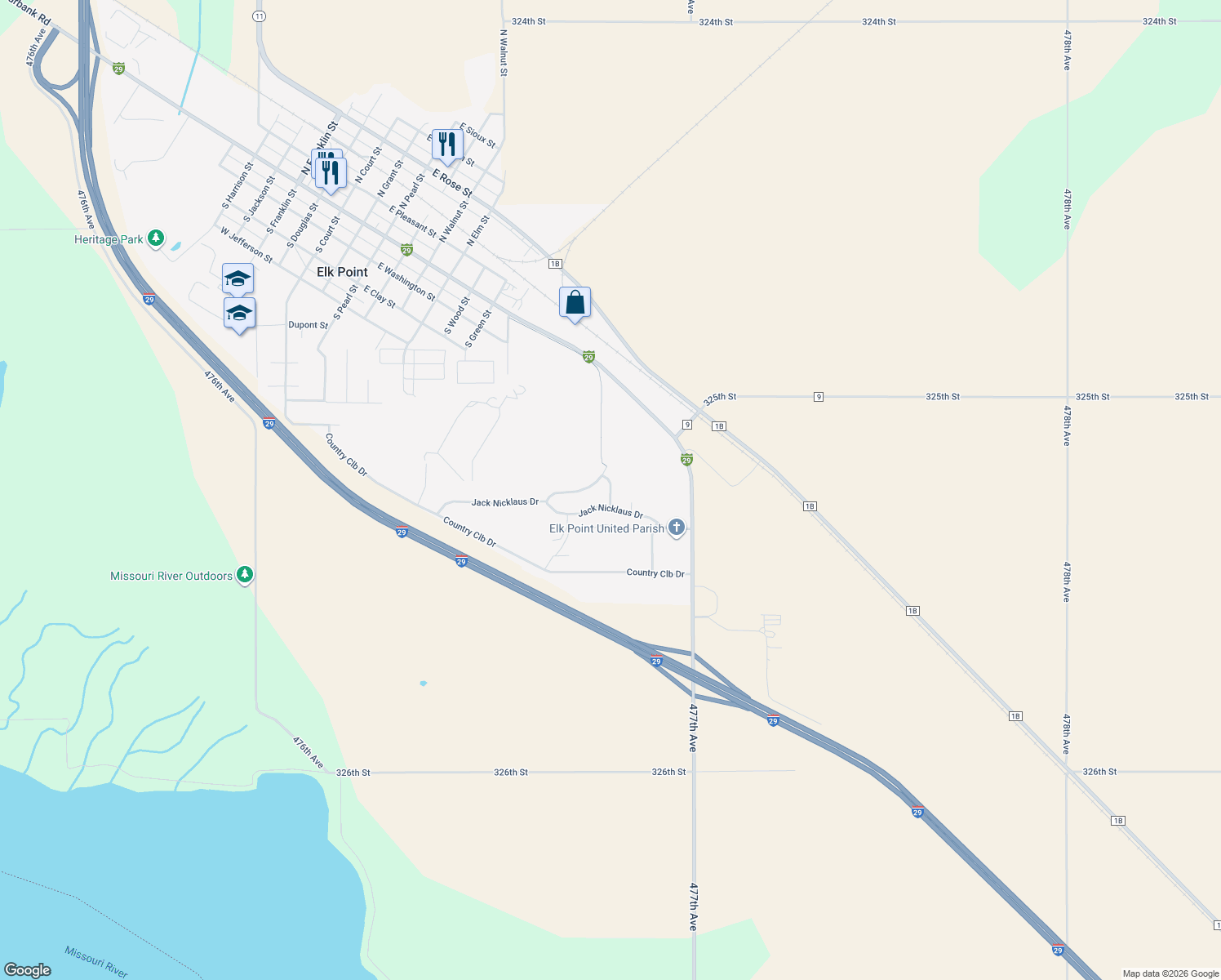 map of restaurants, bars, coffee shops, grocery stores, and more near R Jones Trail in Elk Point