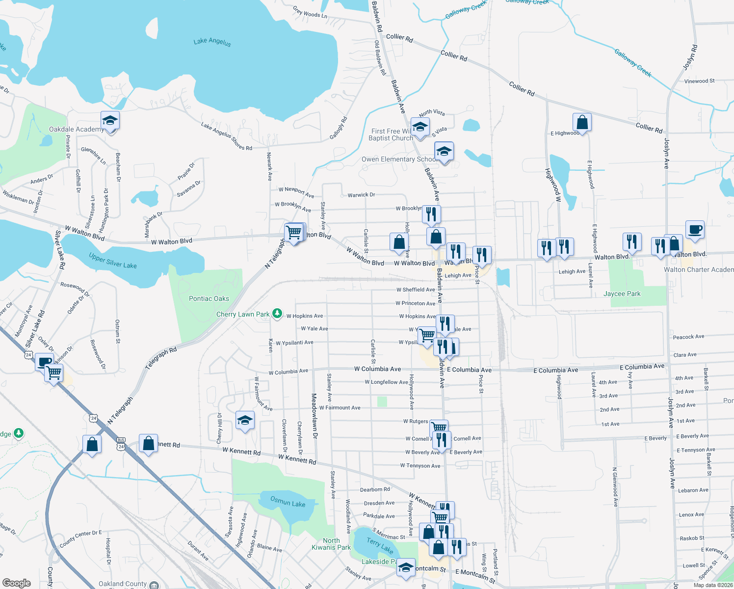 map of restaurants, bars, coffee shops, grocery stores, and more near 181 W Sheffield Ave in Pontiac