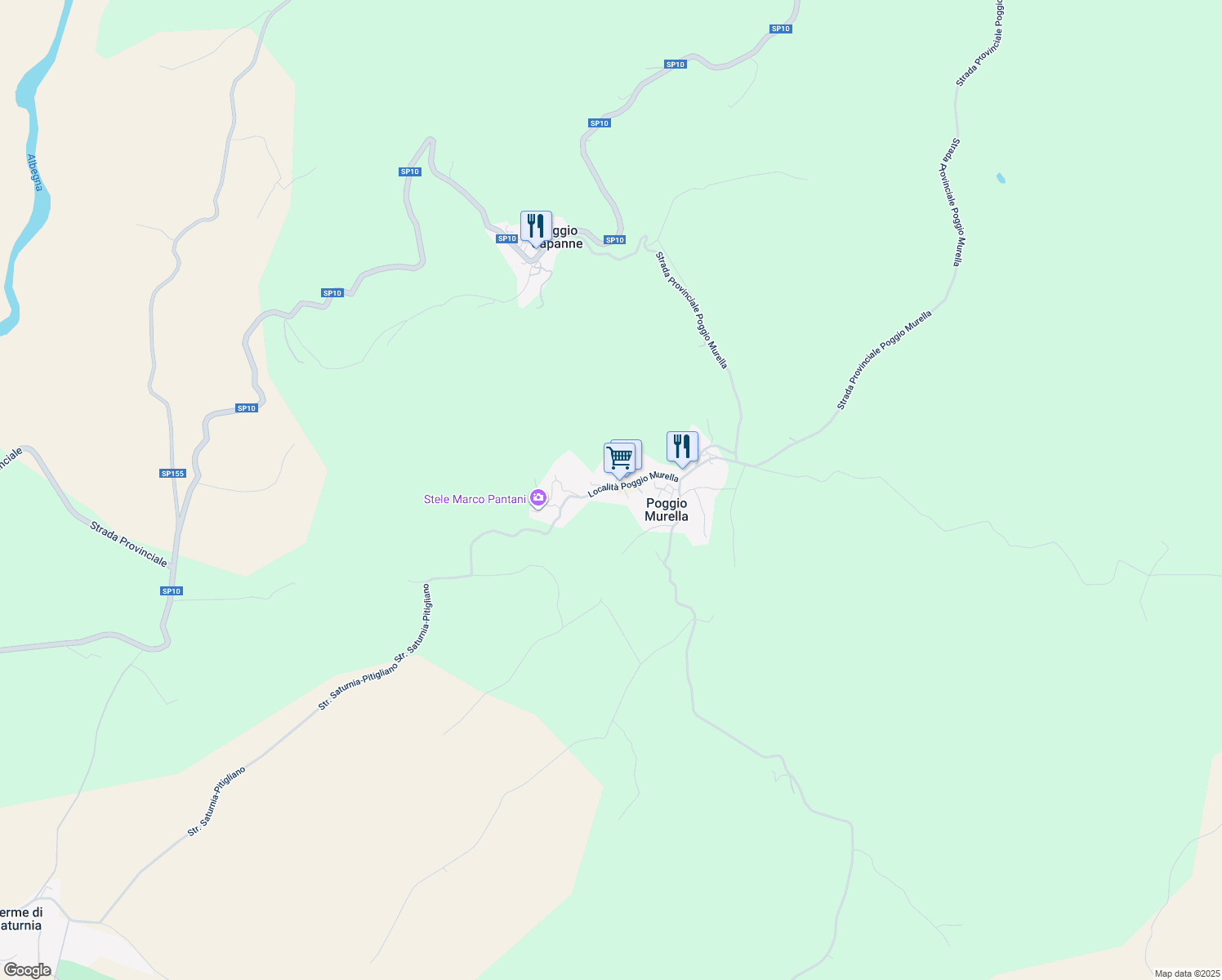 map of restaurants, bars, coffee shops, grocery stores, and more near 145 Località Poggio Murella in Poggio Murella