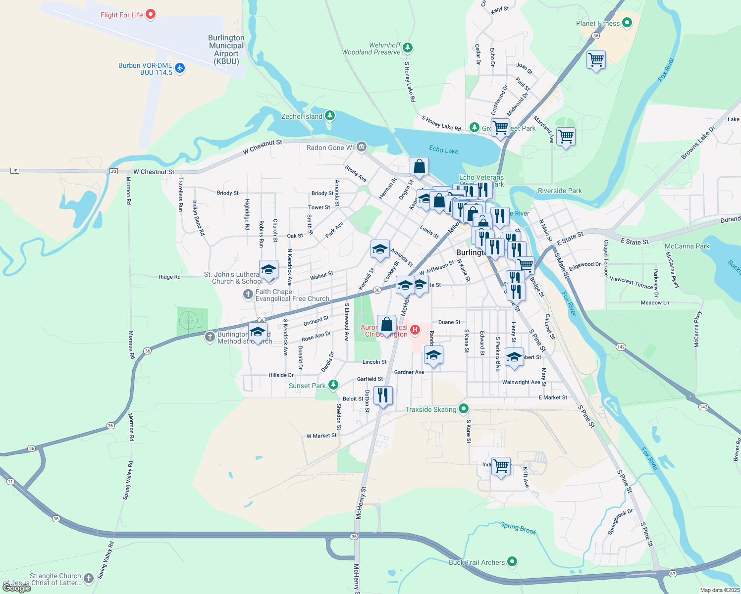 map of restaurants, bars, coffee shops, grocery stores, and more near 349 West State Street in Burlington
