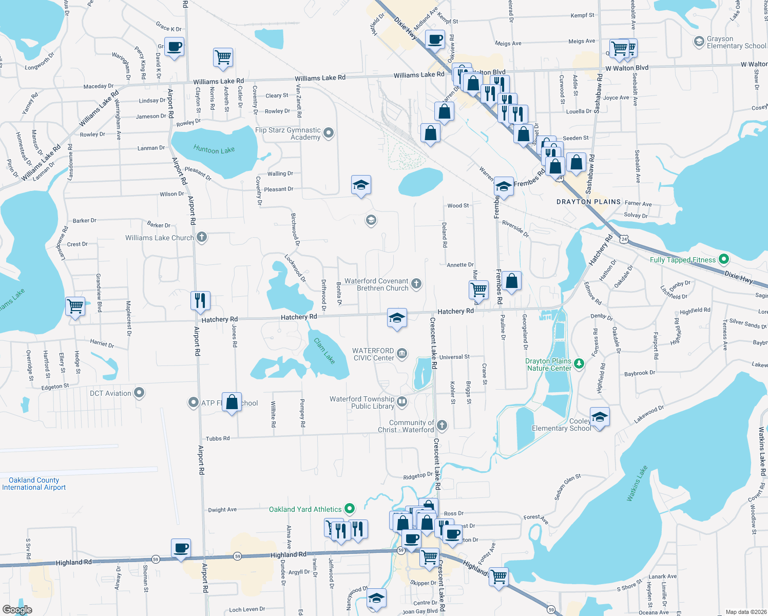 map of restaurants, bars, coffee shops, grocery stores, and more near 5200 Hatchery Rd in Waterford Township