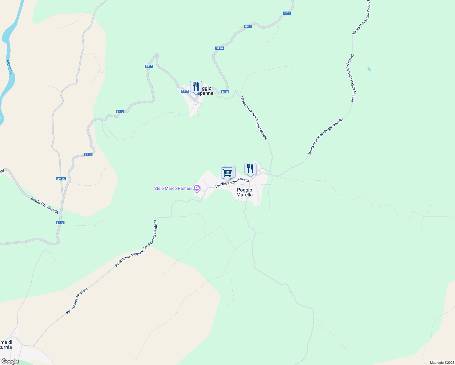 map of restaurants, bars, coffee shops, grocery stores, and more near 129 Località Poggio Murella in Poggio Murella