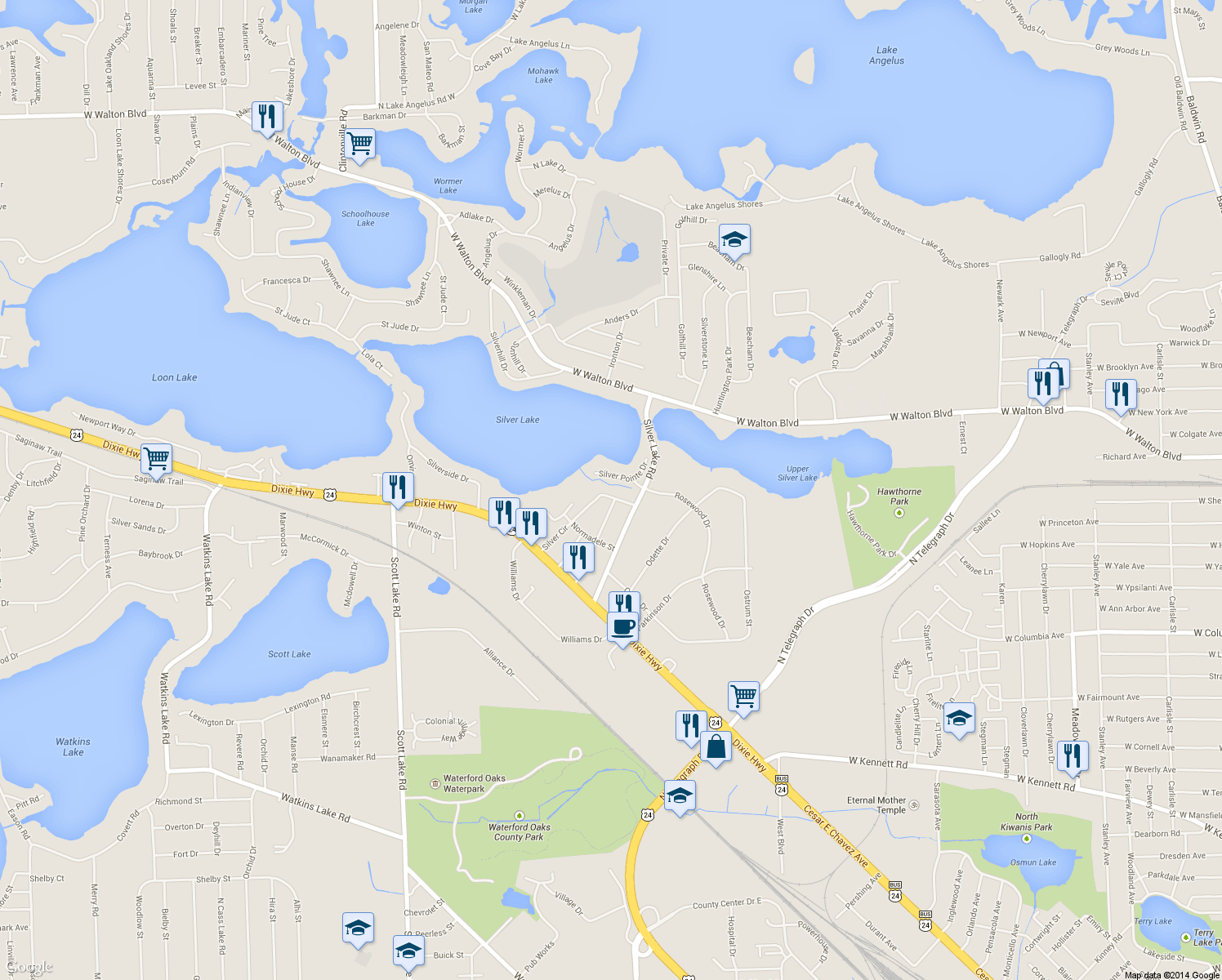 map of restaurants, bars, coffee shops, grocery stores, and more near 2409 Silver Circle in Waterford Township