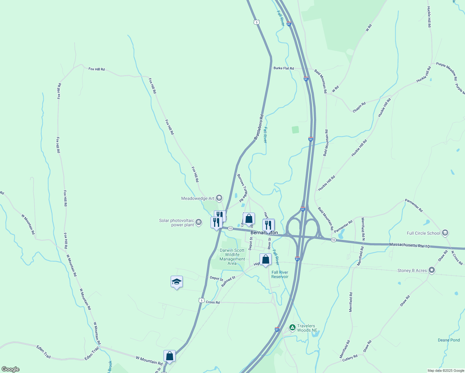 map of restaurants, bars, coffee shops, grocery stores, and more near 62 Brattleboro Rd in Bernardston