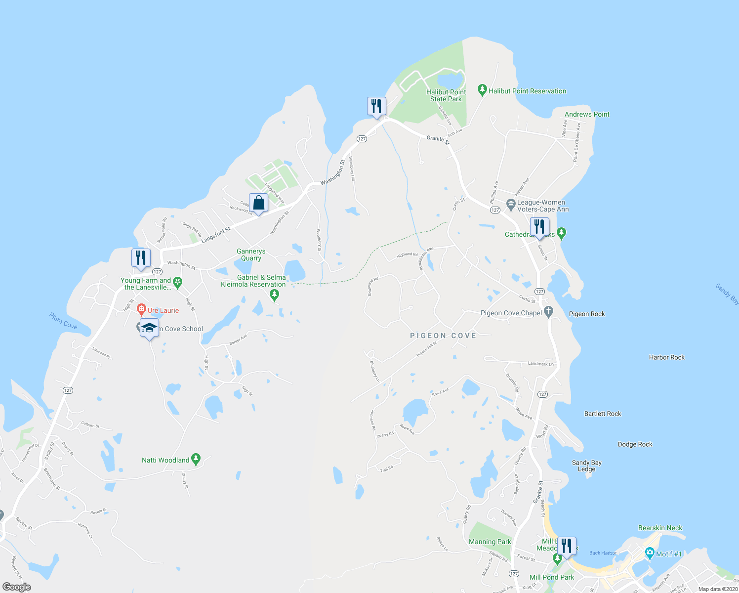 map of restaurants, bars, coffee shops, grocery stores, and more near Briarwood Road in Rockport
