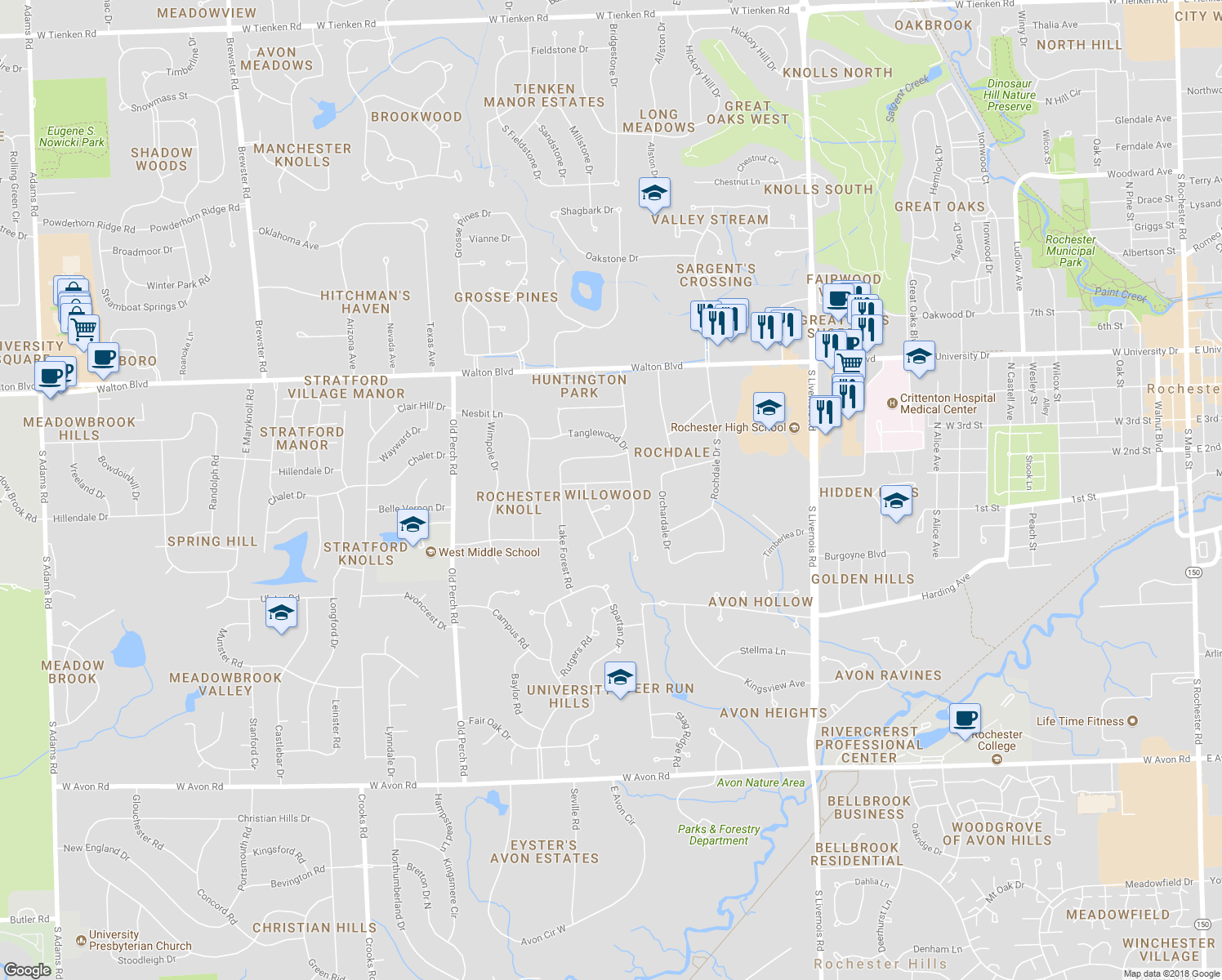 map of restaurants, bars, coffee shops, grocery stores, and more near 1631 Sumac Drive in Rochester Hills