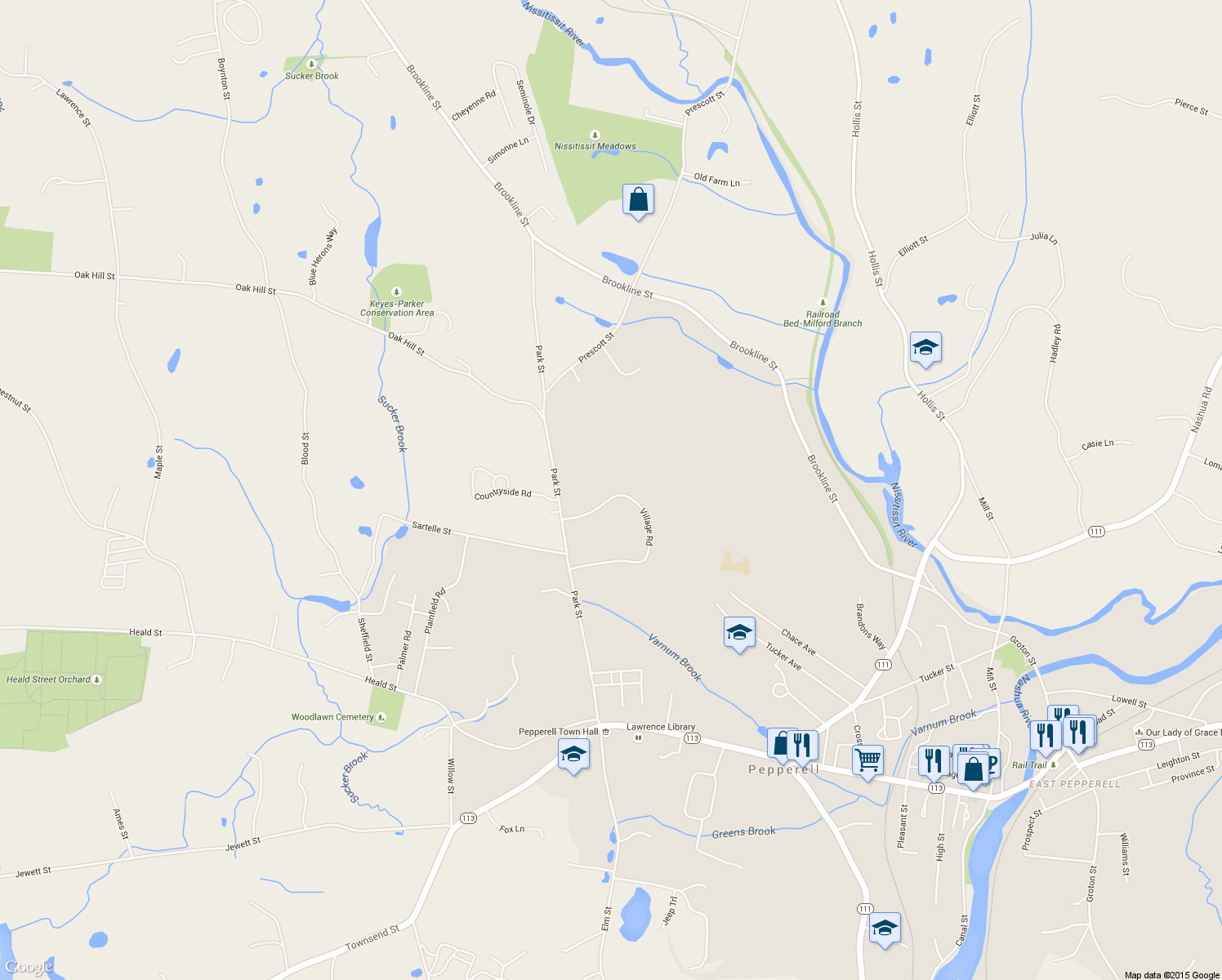 map of restaurants, bars, coffee shops, grocery stores, and more near 9-35 Village Road in Pepperell