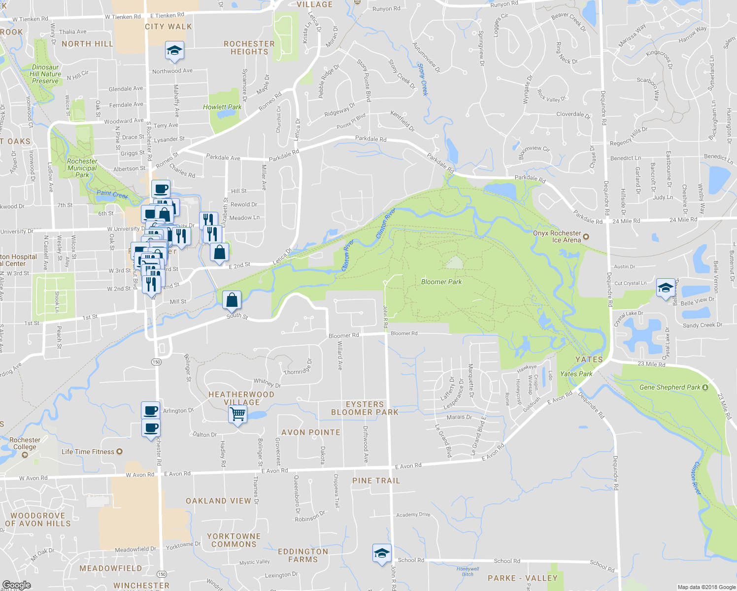 map of restaurants, bars, coffee shops, grocery stores, and more near 992 River Mist Drive in Rochester