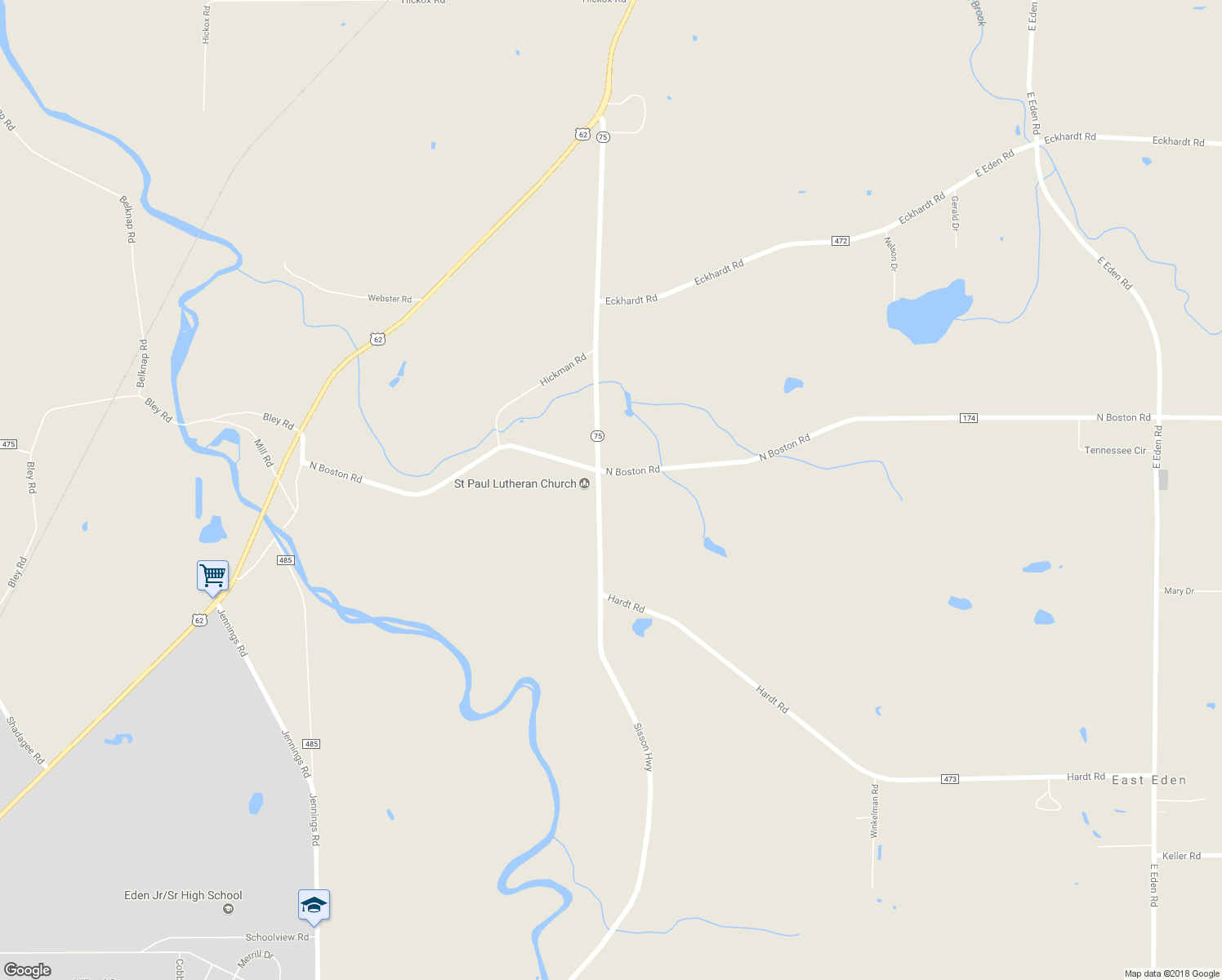 map of restaurants, bars, coffee shops, grocery stores, and more near 3525 North Boston Road in Eden