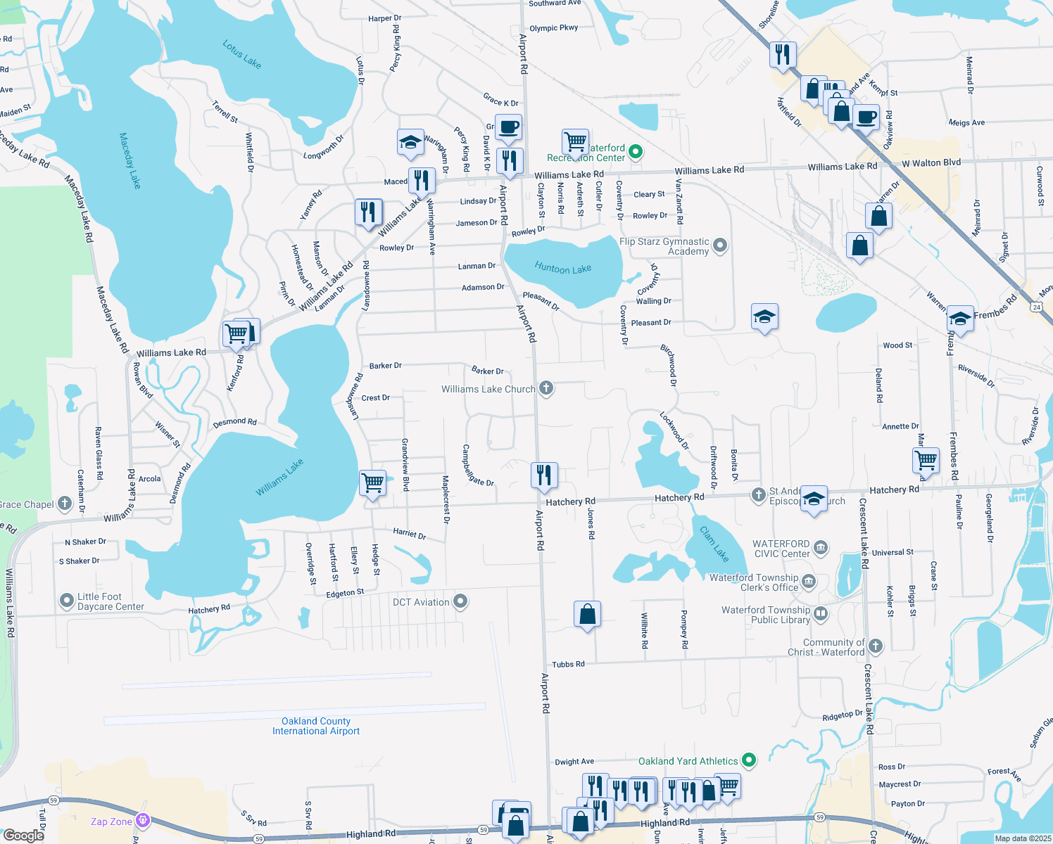 map of restaurants, bars, coffee shops, grocery stores, and more near 2774 Campbellgate in Waterford Township