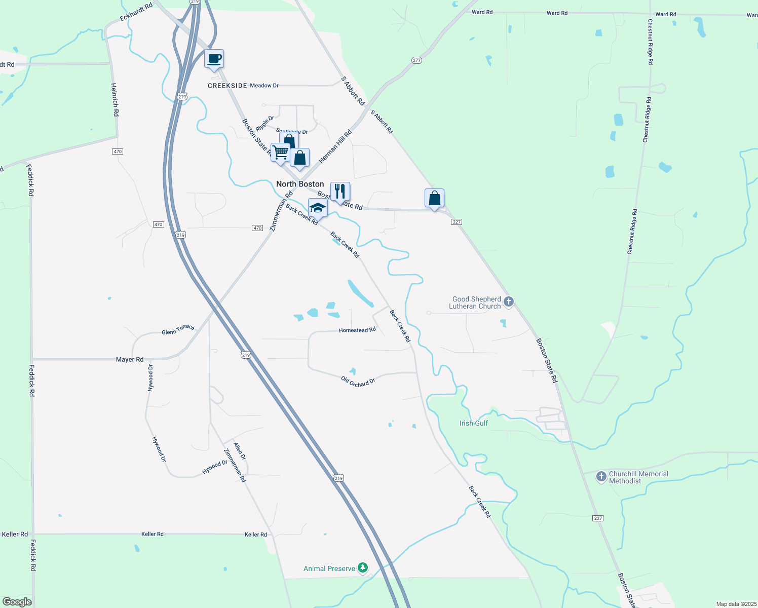 map of restaurants, bars, coffee shops, grocery stores, and more near 7664 Back Creek Road in Hamburg