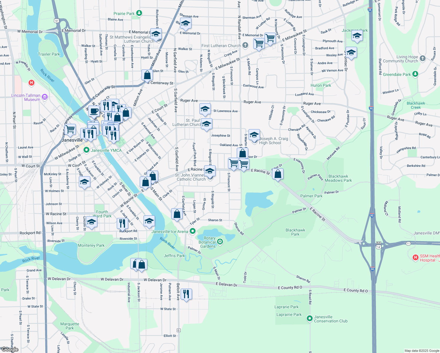 map of restaurants, bars, coffee shops, grocery stores, and more near 527 S Blackhawk St in Janesville