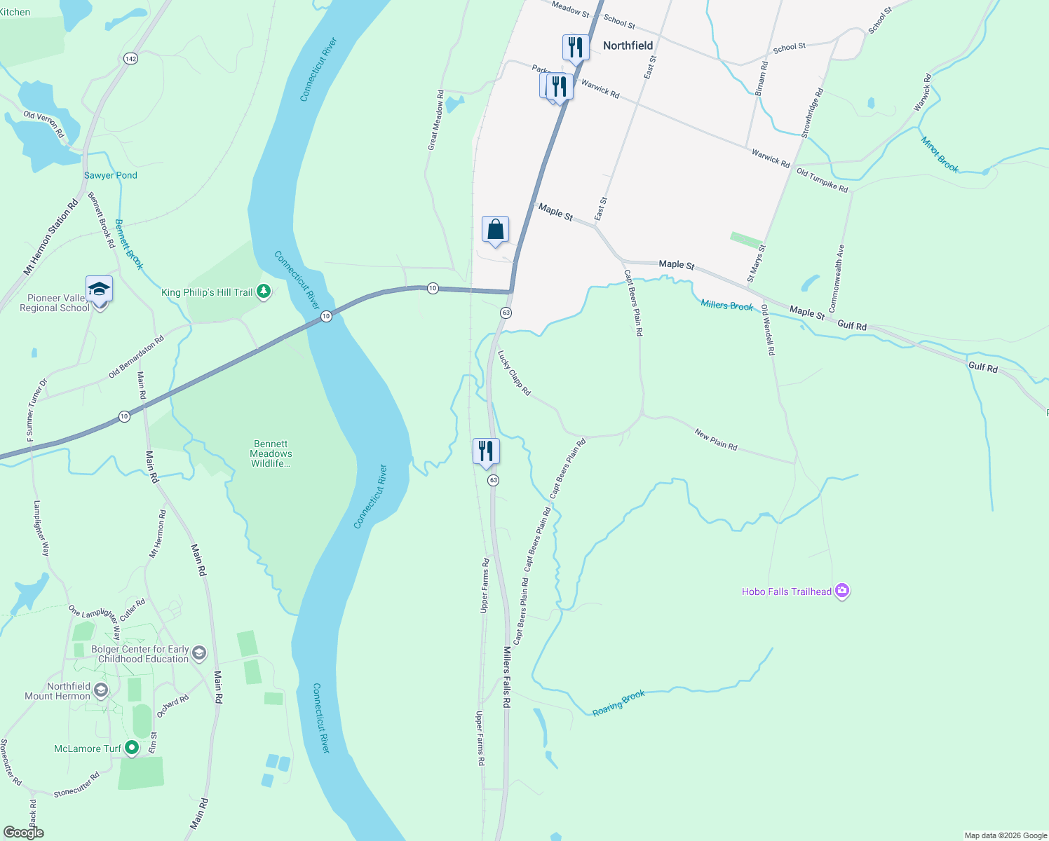 map of restaurants, bars, coffee shops, grocery stores, and more near 47 Lucky Clapp Road in Northfield